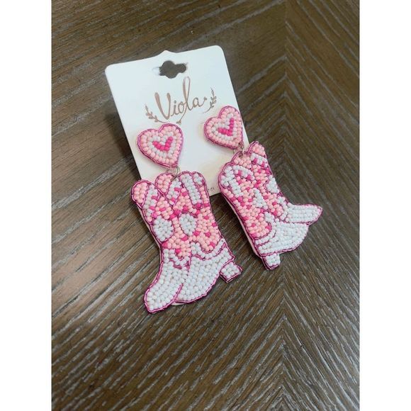 Pretty in Pink Cowgirl Boot Seed Bead Heart Earrings - Picture 2 of 4